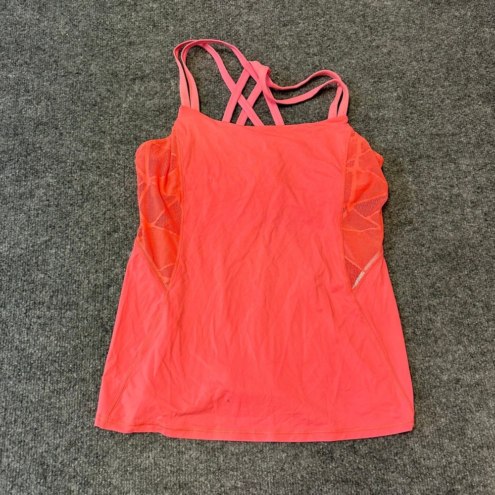Lululemon Tank Top Womens Size 10 Coral Pink Strappy Mesh Back Yoga Athletic